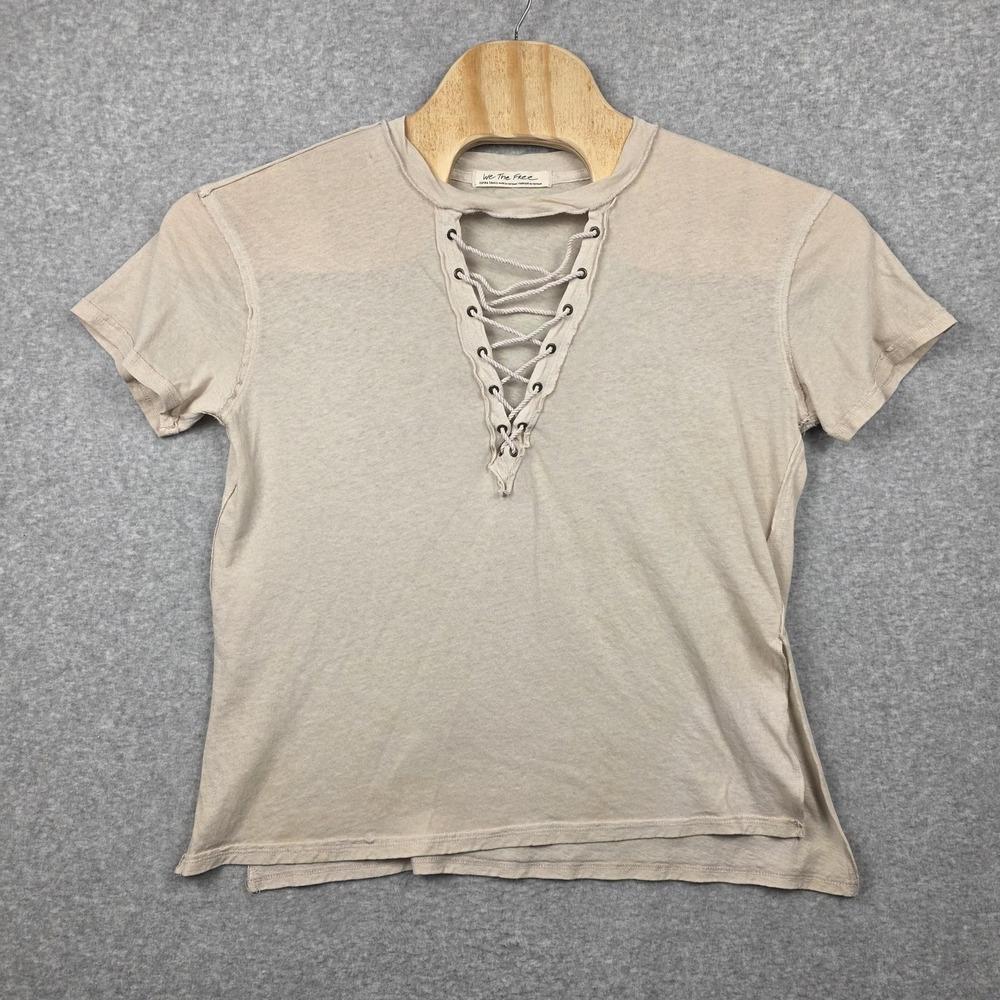 We The Free Shirt Womens XS Beige Lace Up V Neck Short Sleeve Tee Top Jersey